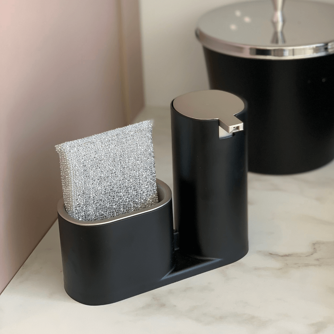 Dispenser Para Detergente E Bucha Preto Com Cromado Conceito