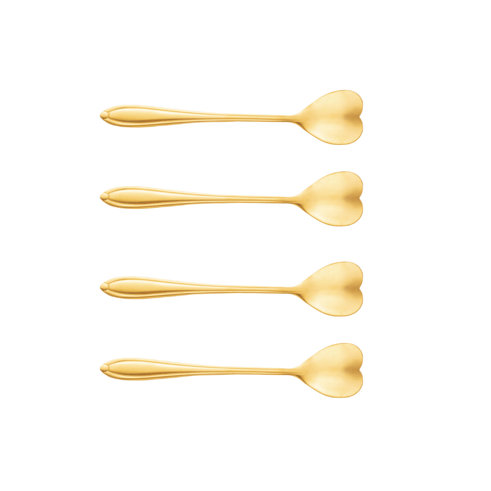 Jogo de 4 Colheres Aço Inox para Chá Heart Coração Dourado - 12,7 cm