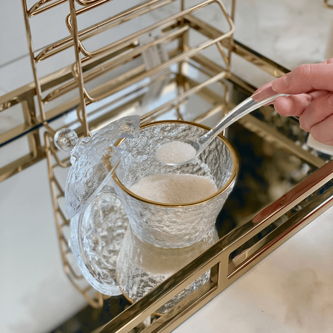 Açucareiro em Cristal de Chumbo Martelado com Colher com Borda Dourada Petra 10cm